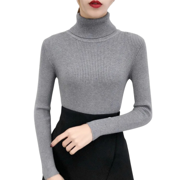 Pulover pentru femei cu guler înalt din bumbac și acril Pulover elegant tricotat cu un singur colorit și mâneci lungi Mărime universală pentru toamnă și iarnă gri