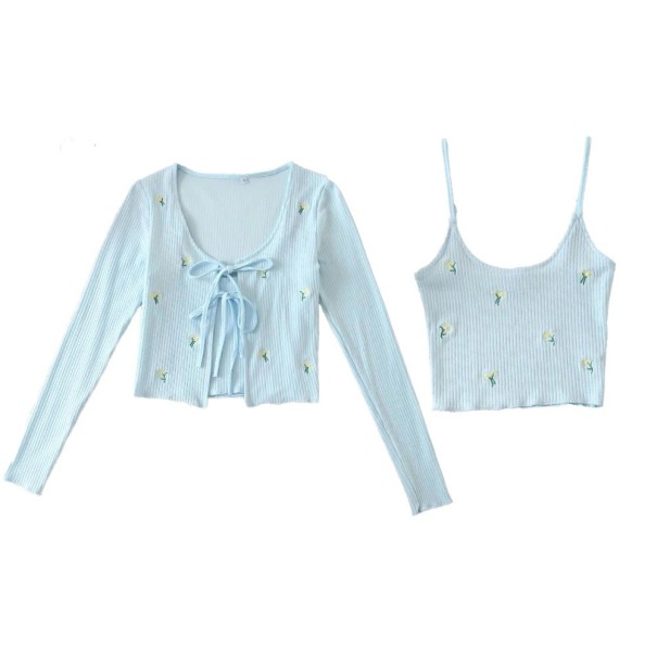 Pulover scurt pentru femei și top crop albastru deschis XS