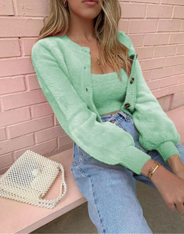Pulover scurt stufos pentru femei verde deschis S