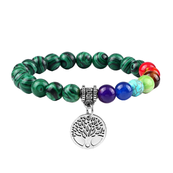Pulseira das sete chakras com pedra malaquita prateado