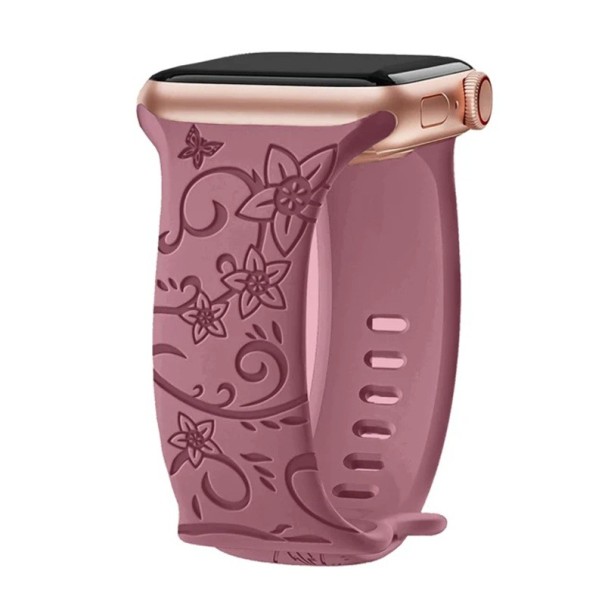 Pulseira de silicone gravada com flores 38 40 41 mm para Apple Watch S1–S10 SE Design francês roxo