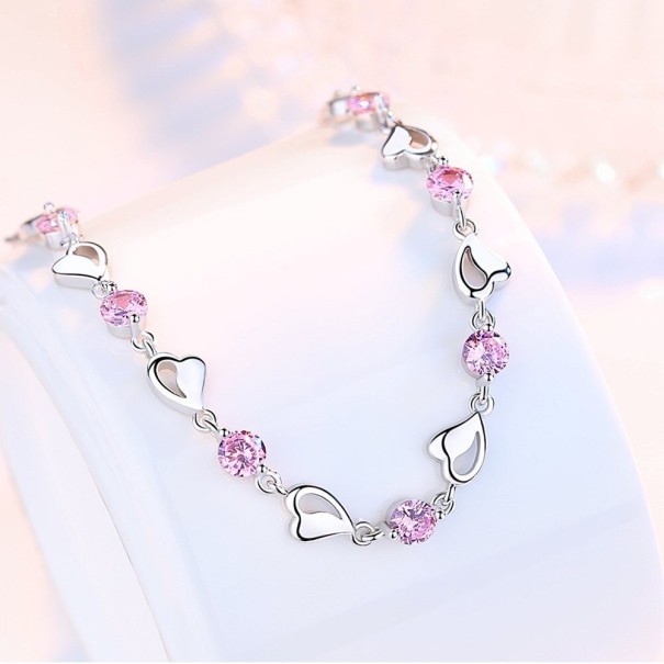 Pulseira feminina coração e pedras H76 rosa