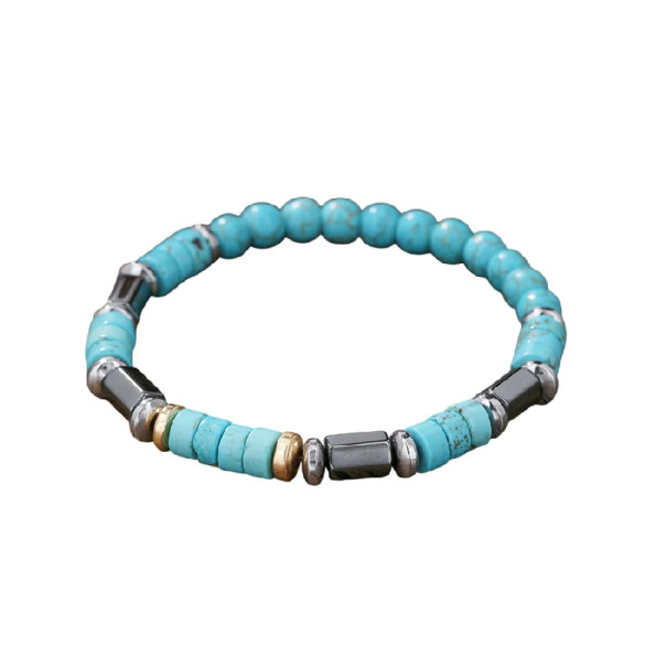 Pulseira masculina de madeira com contas combinadas diâmetro 17 cm madeira turquesa com elementos metálicos para uso diário 1