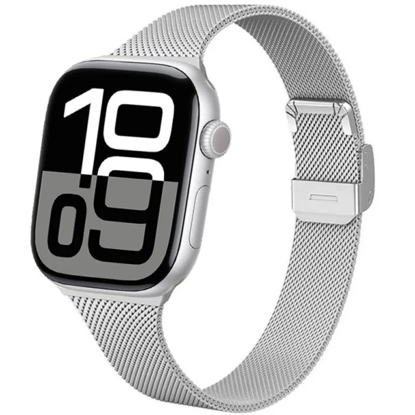 Pulseira milanesa 42 mm 44 mm 45 mm 49 mm para Apple Watch séries 1–9 SE SE2 Ultra Pulseira metálica com fecho para ajuste e encaixe Design têxtil elegante prateado