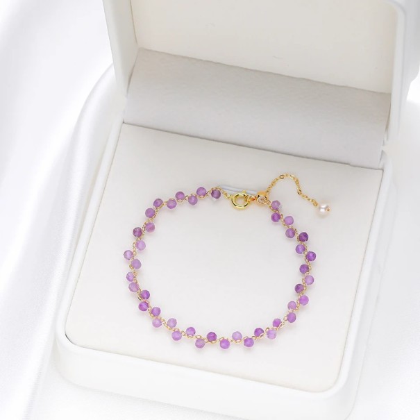 Pulsera con amatista para mujer, cuentas moradas facetadas, cadena de color dorado 16 - 20 x 3 mm, piedra con perla decorativa ajustable 1
