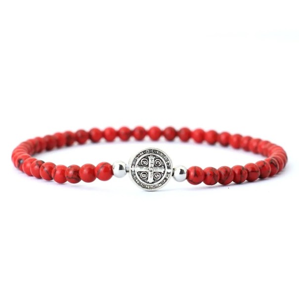 Pulsera de cuentas para hombre con cruz de madera y ónix 19,5cm 4mm Diseño elegante para hombres Material de calidad para el uso diario rojo