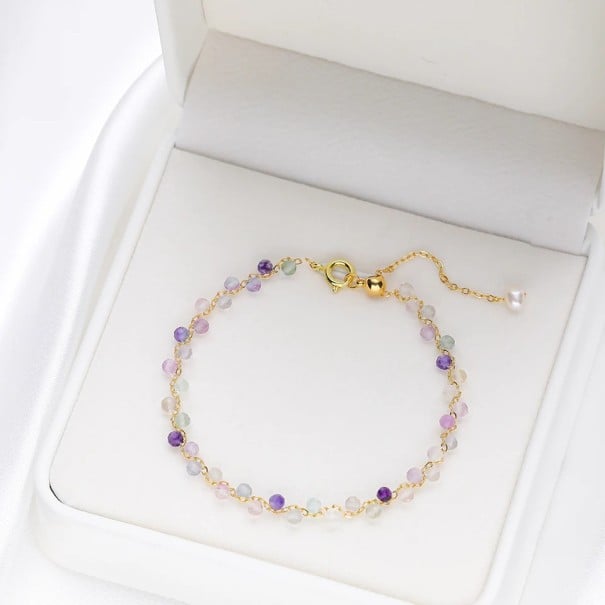 Pulsera de fluorita para mujer con cuentas facetadas multicolores cadena de color dorado 16 - 20 x 3 mm piedra con perla decorativa ajustable 1