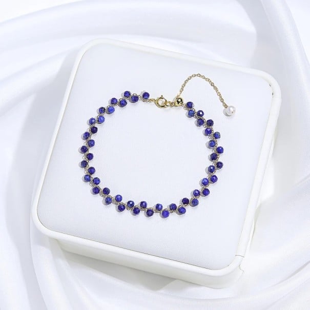 Pulsera de lapislázuli para mujer con cuentas azules oscuras facetadas y cadena de color dorado 16 - 20 x 3 mm piedra con perla decorativa ajustable 1