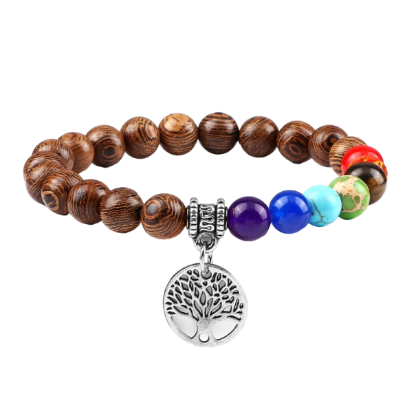 Pulsera de siete chakras con cuentas de madera plateado