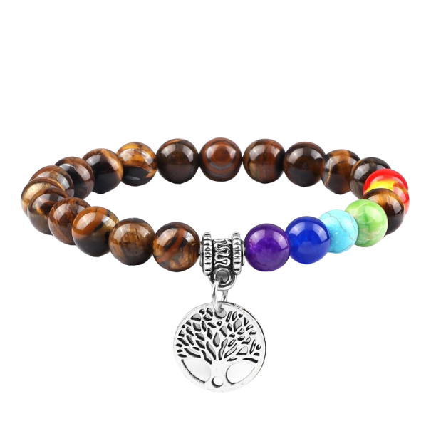 Pulsera de siete chakras con ojo de tigre plateado