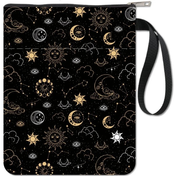 Pungă textilă cu fermoar 28 x 22 cm organizator impermeabil cu buzunar și mânere motiv lună soare constelații 1
