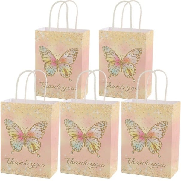 Pungi de cadou din hârtie cu fluture Thank you set 5 bucăți pungi din hârtie aurii și roz cu mânere pentru mici cadouri pentru invitații la petreceri 1