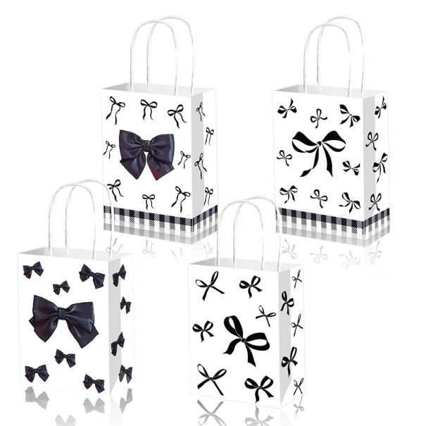 Pungi de hârtie pentru cadouri cu motiv de fundițe 15x8x21 cm hârtie albă pungă decorativă pentru cadouri aniversări și sărbători negru