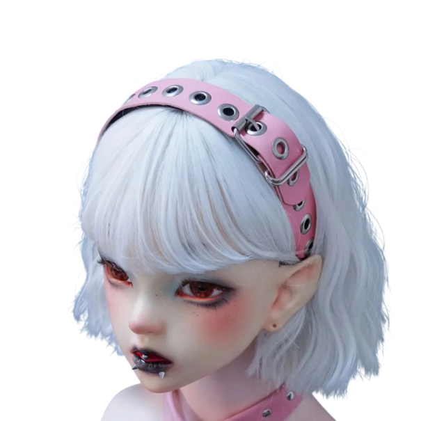 Punk čelenka s přezkou a kovovými očky Univerzální velikost Alternativní gothic čelenka do vlasů Rockový módní doplněk unisex růžová