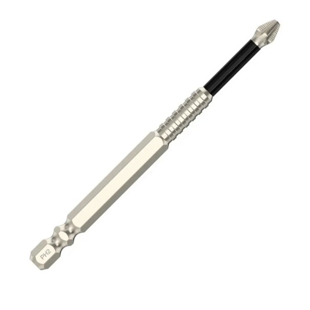 Punta PH2 antideslizante de 100 mm de longitud, con cuerpo largo y cabeza moleteada para atornillados profundos en lugares difíciles o de difícil acceso. 1