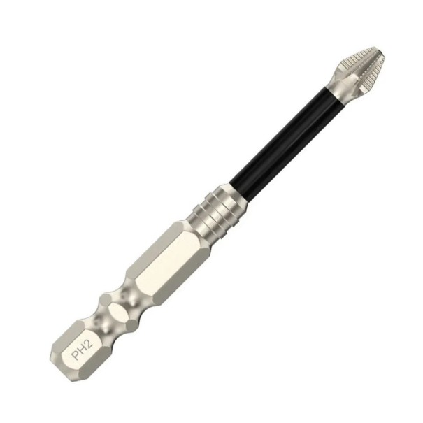 Punta PH2 antideslizante de 65 mm de longitud con núcleo reforzado y cabeza moleteada para un atornillado preciso sin dañar la cabeza del tornillo. 1