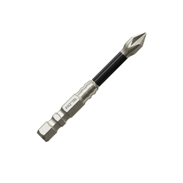 Punta PH2 antideslizante de 70 mm de longitud con núcleo reforzado y cabeza precisa para atornillar a mayor profundidad sin resbalar en taladros y atornilladores a batería. 1