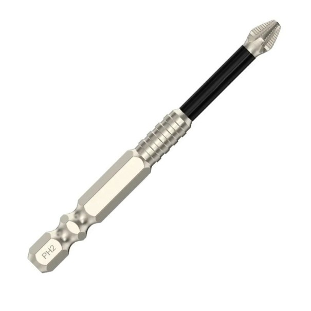 Punta PH2 antideslizante de 75 mm de longitud con núcleo reforzado alargado y cabeza moleteada para atornillar en lugares de difícil acceso. 1