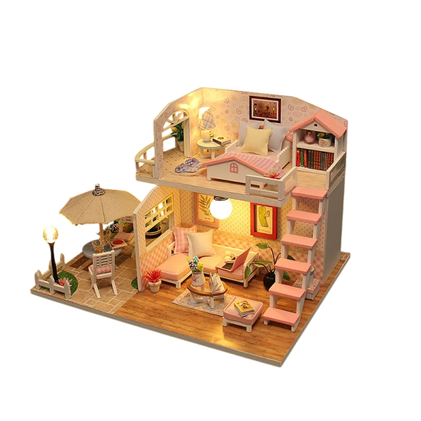 Puppenhaus 19 x 15 x 13 cm Mini-Bausatz ohne Abdeckung mit LED-Beleuchtung Möbeln und Anleitung Kreative DIY Innendekoration 1