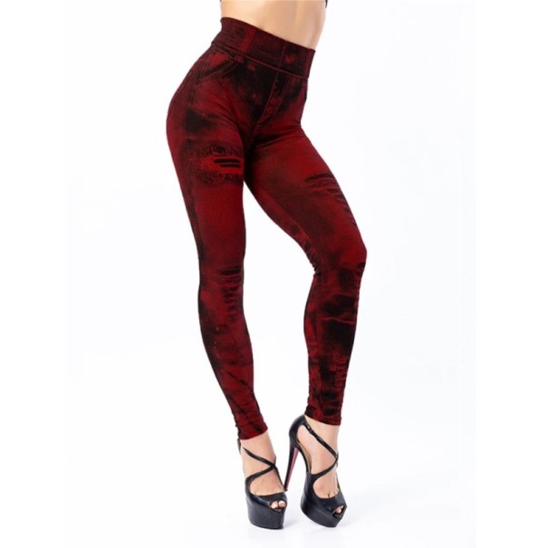Push-Up-Leggings für Damen mit Denim-Print, High Waist, Jeans-Effekt-Leggings, Shaping-Leggings, bequeme, elastische Hose für die Freizeit rot XL