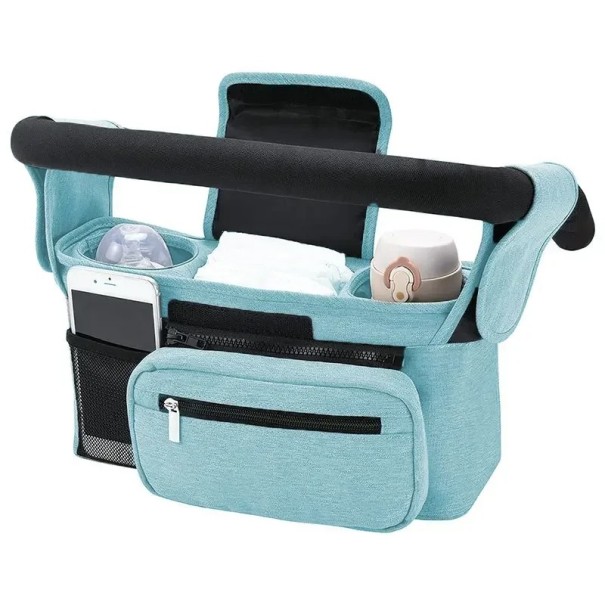 Pushchair Bag with Bottle and Phone Holder 33 x 16 x 10 cm Front Zip Pocket Removable Pouch blue