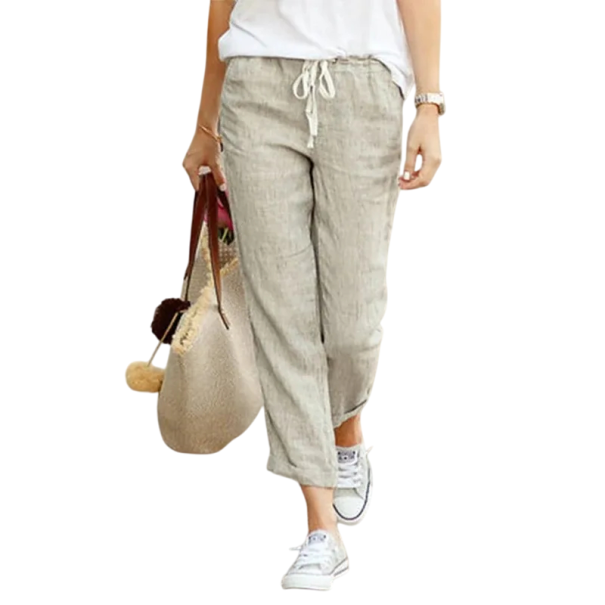 Puuvillaiset naisten väljät housut joustavalla vyötäröllä Kiristysnyörillä Elegantit ja mukavat kesähousut Rento tyyli jokapäiväiseen käyttöön beige XL