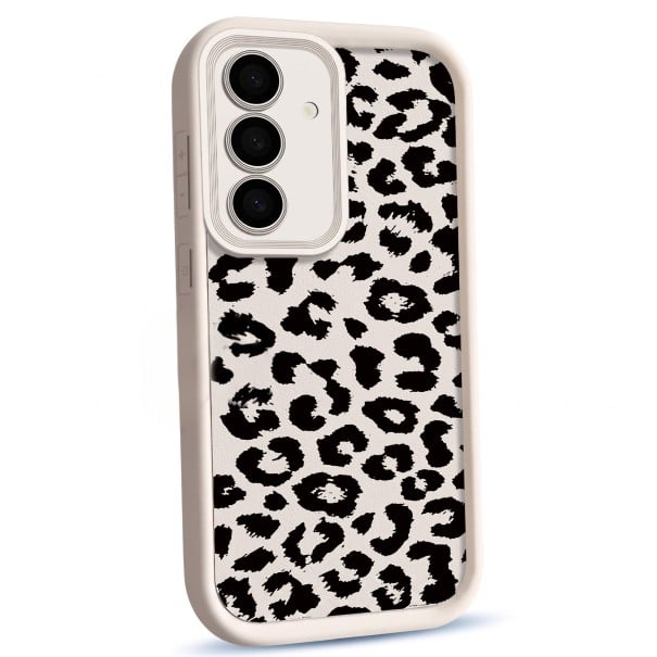 Puzdro zo silikónu na Samsung Galaxy A57 s leopardím vzorom Odolné a ohybné Stupňovitý lem fotoaparátu Chránené tlačidlá Na každý deň biela