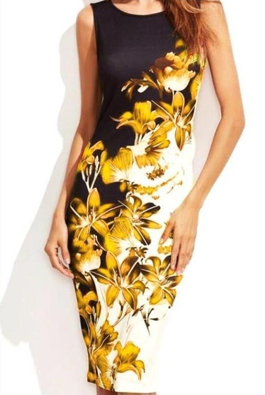 Puzdrové šaty s potlačou kvetín žltá S