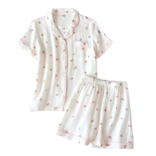 Pyjama en coton pour femmes à manches courtes et col Un ensemble uni avec motif de pêches Chemise à boutons et shorts avec poche blanc M