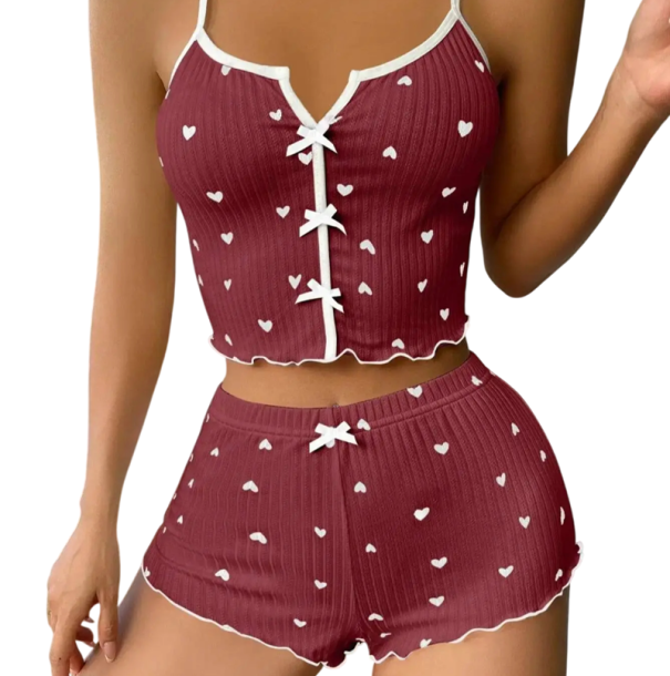 Pyjama femme avec motif de cœurs Ensemble uni avec nœuds Débardeur à décolleté en V et shorts Ensemble confortable en polyester et spandex bordeaux L