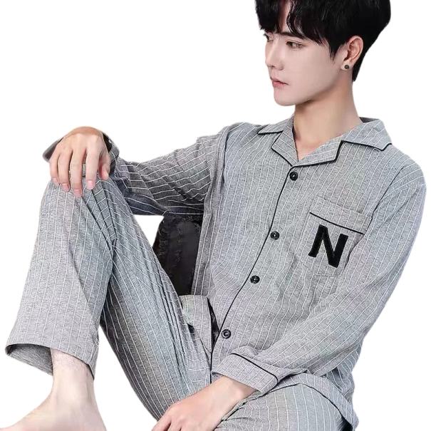 Pyjama homme en t-shirt à manches longues et pantalon avec col, boutons et poche, en polyester, pyjama domestique rayé gris clair S