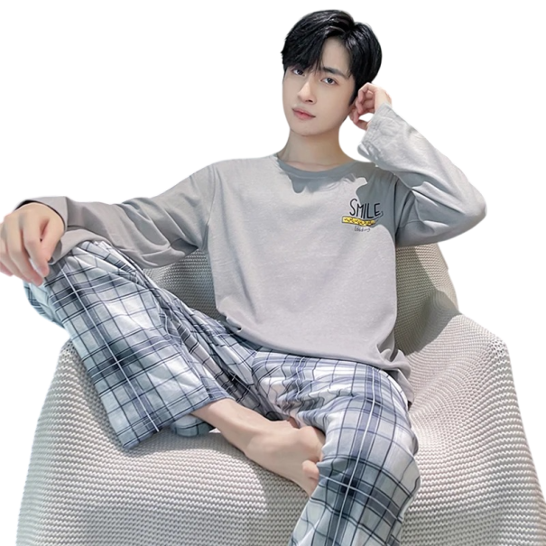 Pyjama pour homme à manches longues et pantalon à carreaux O col Polyester Spandex Pyjama gris avec inscription smile sur la poitrine XS