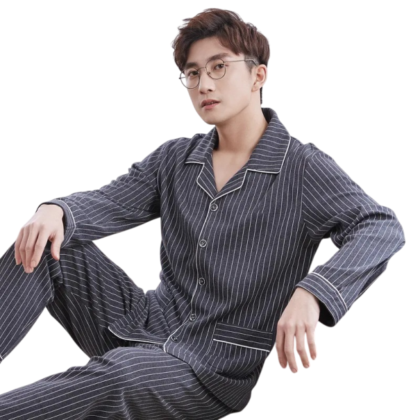 Pyjama pour homme à manches longues et pantalon avec col Fermeture à boutons Polyester Pyjama bleu gris à rayures avec poche de maison S