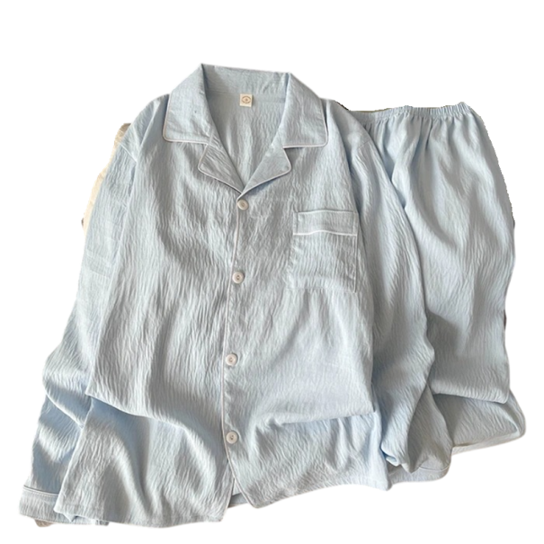 Pyjama pour homme en coupe chemise à manches longues et pantalon en matériau structuré en polyester pour le port à domicile bleu L