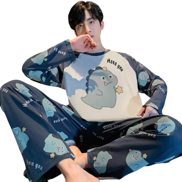 Pyjama pour hommes à manches longues et pantalon O col Polyester Spandex Pyjama bleu marine avec impression de dinosaures dessinés S