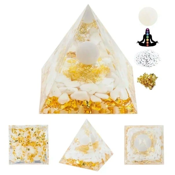 Pyramide en cristal 5x5 cm avec agate blanche Pyramide blanche des chakras Soulagement du stress et de la fatigue Flocons d'or et harmonisation 1