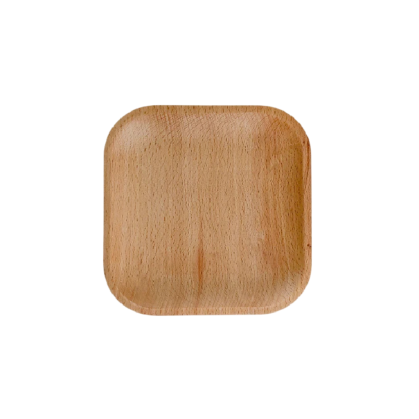 Quadratischer Dessertteller mit abgerundeten Ecken 10 x 10 cm aus massivem Holz, hellbrauner Teller zum Servieren von Desserts und Snacks 1