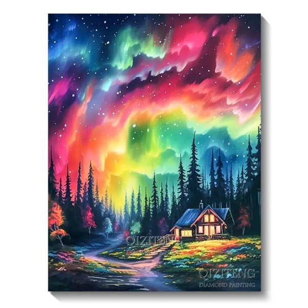 Quadro 5D em Diamante 30x40 cm Aurora Paisagem com Cabana Conjunto DIY de Bordado em Lentejoulas com Pedras Redondas para Decoração de Parede Presente 1