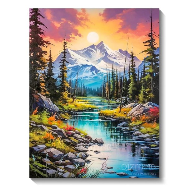 Quadro de Diamantes 5D 30x40 cm Paisagem Montanhosa com Lago Conjunto de Bordado DIY Pedras Redondas Completas Decoração Manual Arte Doméstica Presente 1