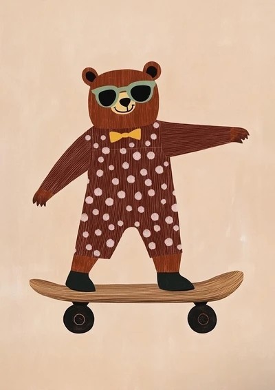 Quadro de Parede 40 x 60 cm Urso em Skate com Borboleta Pôster Ilustrado em Lona Sem Moldura Decoração para Quarto de Criança 1
