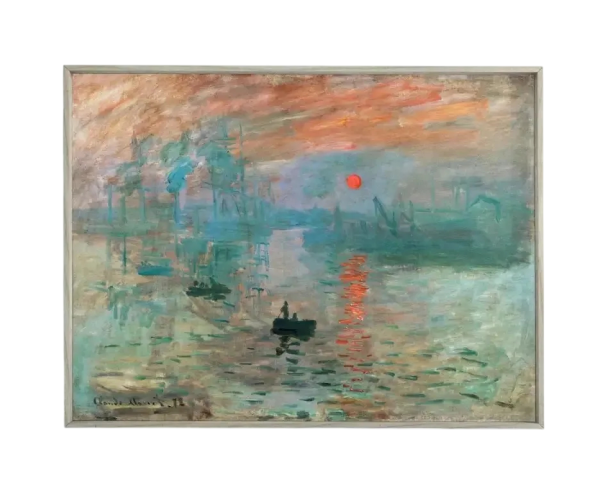 Quadro de parede 50 x 70 cm Motivo impressionista do nascer do sol sobre o mar com barcos inspiração Monet impressão em tela poster artístico 1