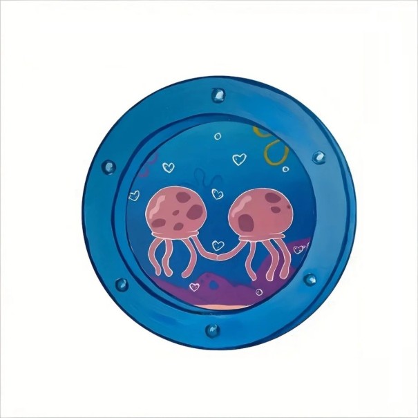 Quadro de parede em madeira com moldura redonda 20 cm decoração 2D azul com motivo de águas-vivas para quarto de criança ou interior 1