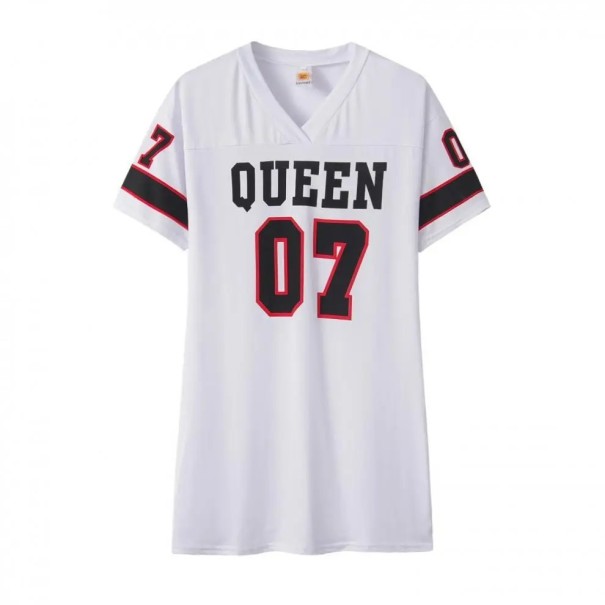 QUEEN 07 Sport Jersey Stijl T-shirt Mini Jurk Korte Mouwen V-hals Casual Sportjurk Streetwear voor Vrije Tijd wit L
