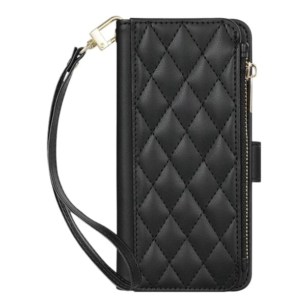 Quilted flip cover til Samsung Galaxy A37 Holdbar Lynlås lomme Kortlommer Magnetisk lukning Aftageligt håndledsrem Cover sort