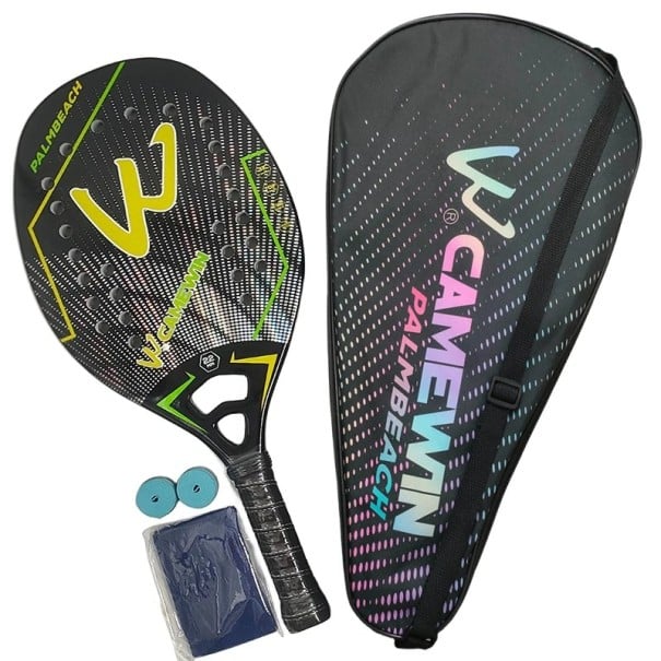 Rachetă de tenis de plajă Camewn 3K fibră de carbon Suprafață rugoasă Grosime 22 mm Miez din spumă EVA Cu geantă și benzi antiderapante galben