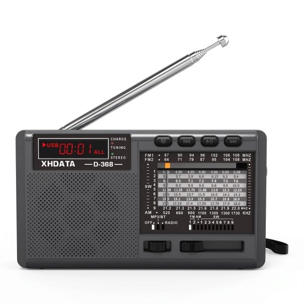 Rádio estéreo portátil 8 x 3,5 x 14 cm com bandas FM AM e SW com leitor MP3 e Bluetooth e bateria recarregável através de USB na cor preta 1