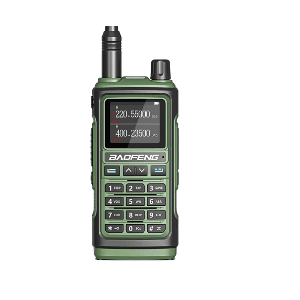 Rádio táctico com antena e ecrã LCD Rádio de longo alcance 16 km Rádio profissional 999 canais Rádio de alto desempenho com lanterna LED 13,5 x 6 x 3,9 cm verde exército
