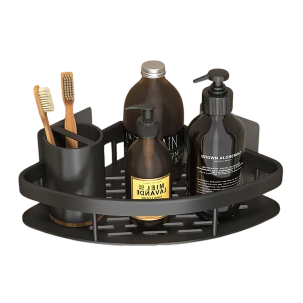 Raft de duș de colț 29x22x5,5 cm, organizator triunghiular pentru baie, fără găurire, din oțel inoxidabil, din aluminiu, autoadeziv negru
