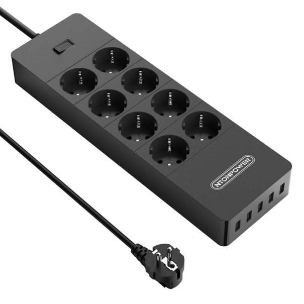 Rallonge avec interrupteur 8x prises, 5x USB noir 1,5 m