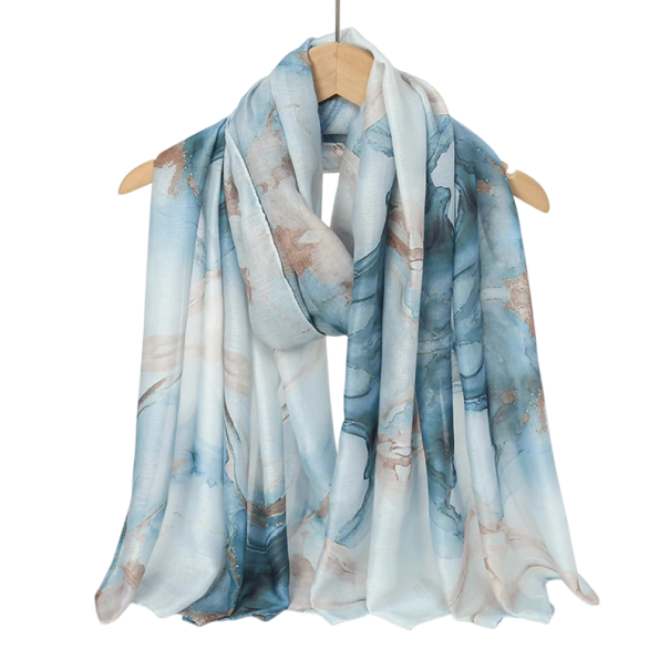 Ramadan hijab med marmor mønster 80x180 cm polyester tørklæde i lys blå og beige farve til brug 1